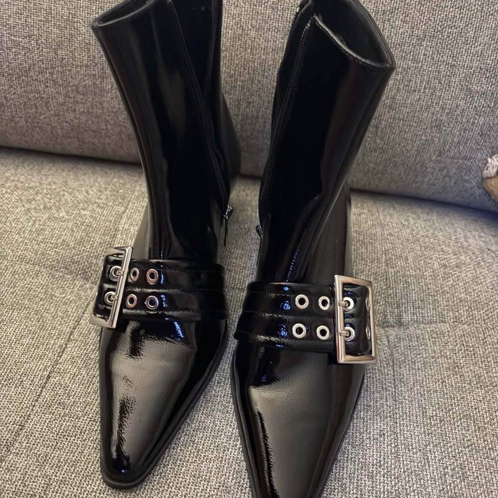 Black Patent Leather Ankle Boots with Buckle